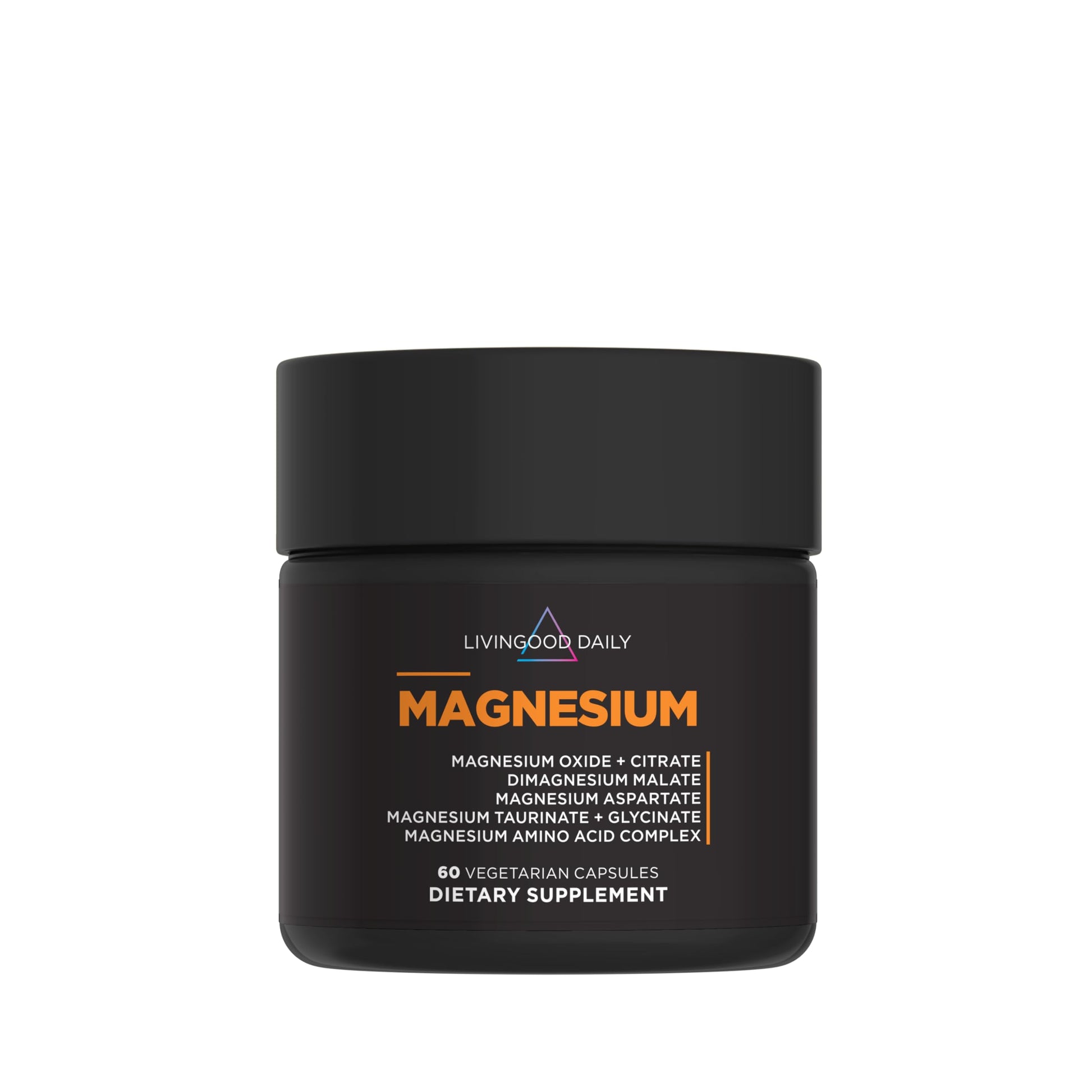 Black supplement jar labeled 'Livingood Daily Magnesium' on a white background
