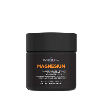 Black supplement jar labeled 'Livingood Daily Magnesium' on a white background