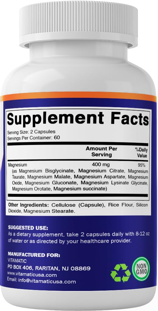Vitamatic Magnesium Complex, 400mg Elemental MG (as Bisglycinate, Citrate, Taurate, Malate, Aspartate, Oxide, Gluconate, Lysinate Glycinate, Orotate, Succinate) – 120 Capsules Vitamatic buy supplements Au