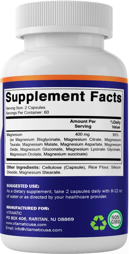 Vitamatic Magnesium Complex, 400mg Elemental MG (as Bisglycinate, Citrate, Taurate, Malate, Aspartate, Oxide, Gluconate, Lysinate Glycinate, Orotate, Succinate) – 120 Capsules Vitamatic buy supplements Au