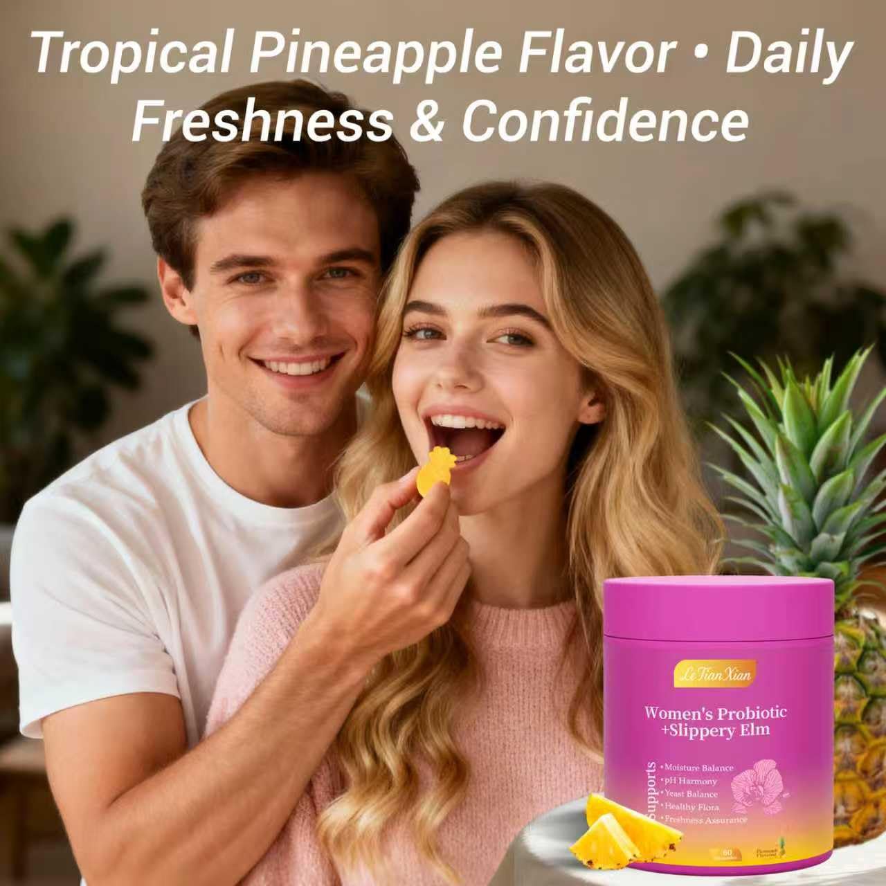 Le Tian Xian Her Juicy Feminine Probiotics Gummies for Women with Slippery Elm, Prebiotics & Lactobacillus - for pH Balance & Digestive Health, Tropical Pineapple Flavor, 60 Count Le Tian Xian buy supplements Au