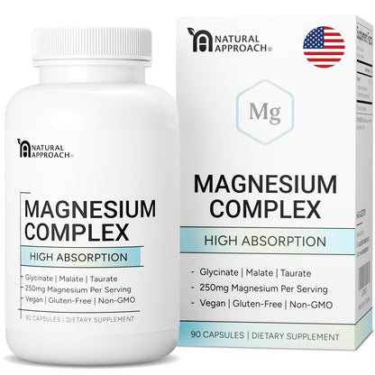 Supplement bottle and packaging of Magnesium Complex with 'Natural Approach' branding.