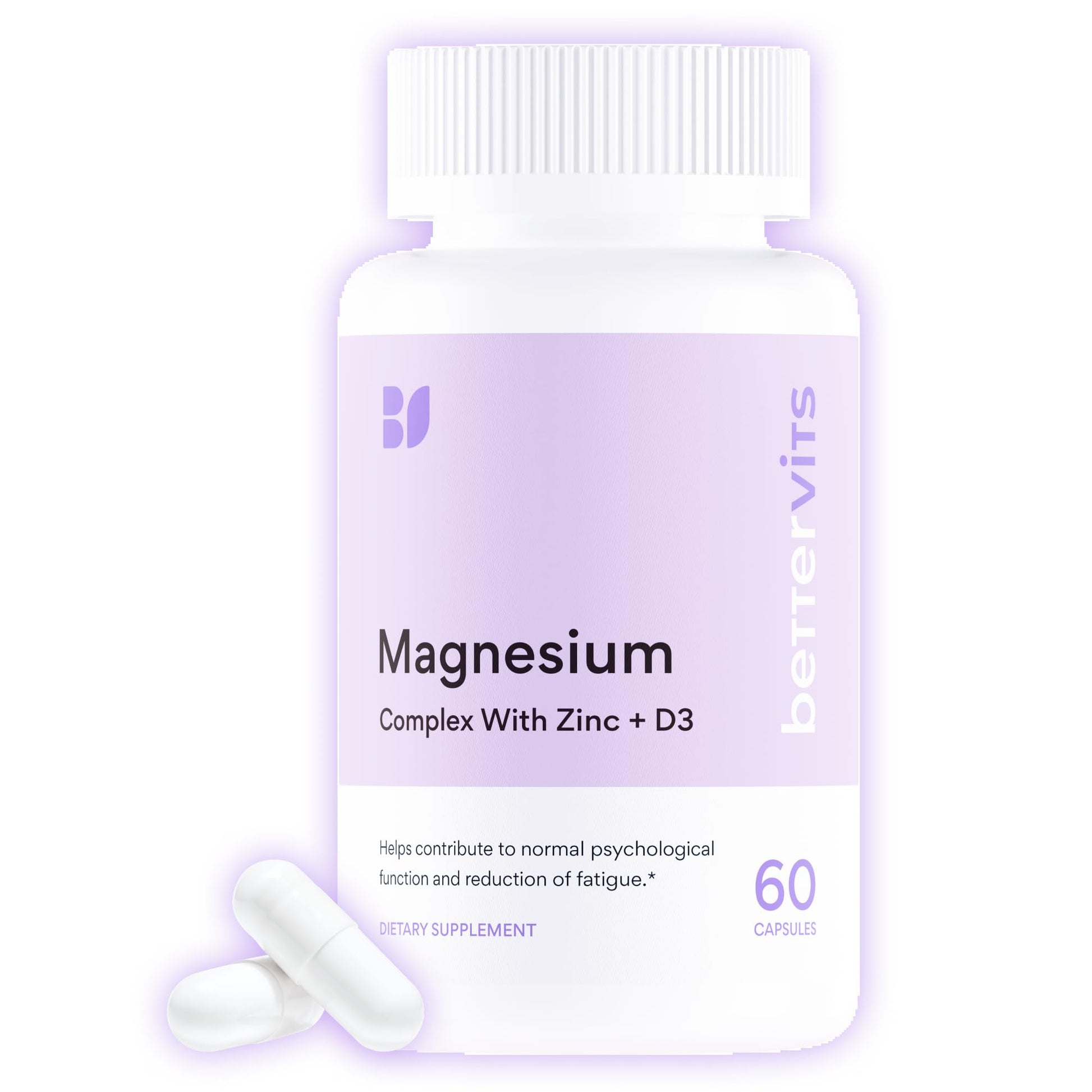Vitamins package labeled 'Magnesium Complex with Zinc + D3' by bettervits on a white background