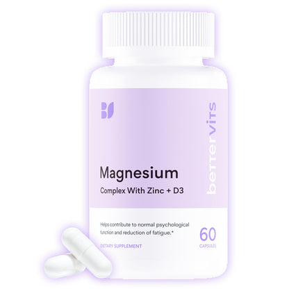 Vitamins package labeled 'Magnesium Complex with Zinc + D3' by bettervits on a white background