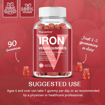 Vegan Iron Gummies Supplement - with Vitamin C, A, B-Complex, Folate, Zinc for Adults & Kids - Health Blood & Energy Support for Iron Deficiency,