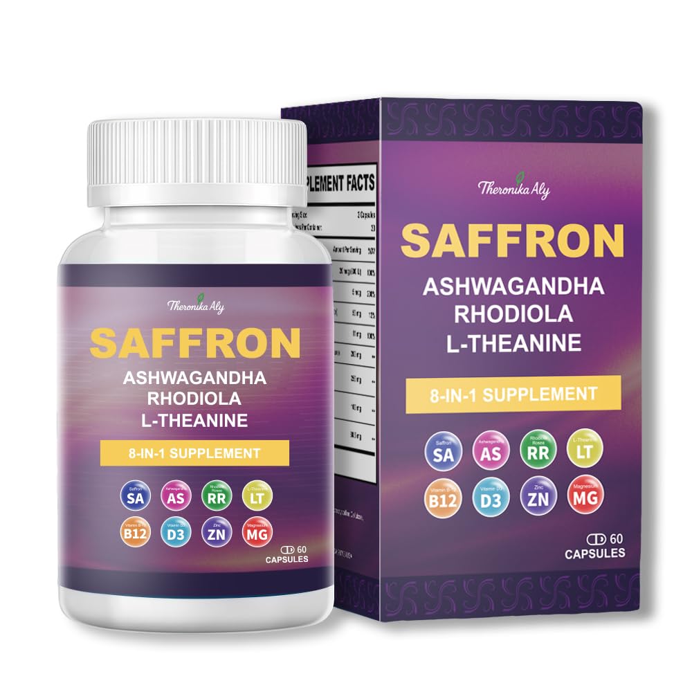 Supplement bottle and packaging with saffron, ashwagandha, rhodiola, and L-theanine on a white background