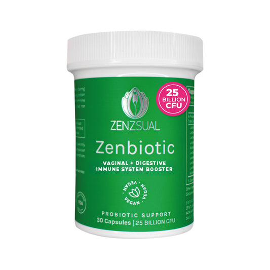 Green container of Zenbiotic supplement with white lid on a white background