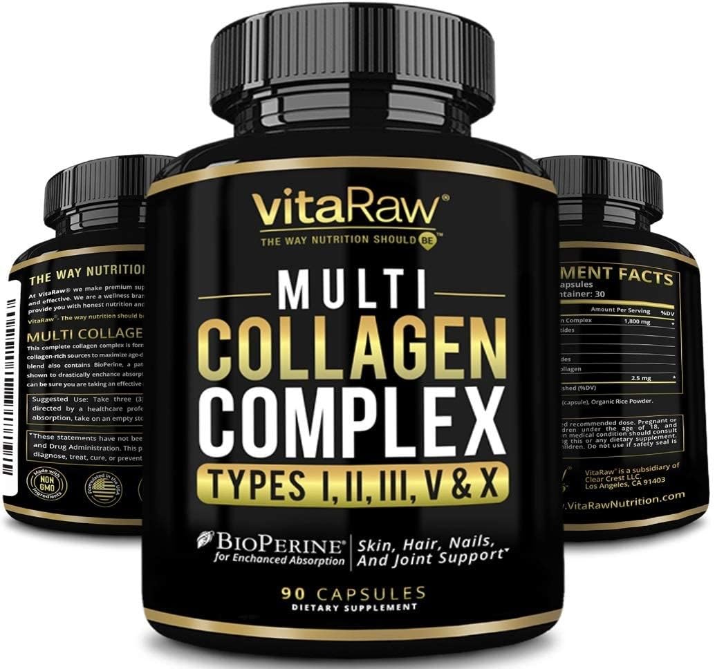 VitaRaw Collagen Pills 1800 mg - Multi Collagen Supplements (Types I, II, III, V & X) Grass Fed Non GMO Collagen Peptides Pills for Hair, Skin and Joints - Hydrolyzed Collagen Protein Powder VitaRaw buy supplements Au