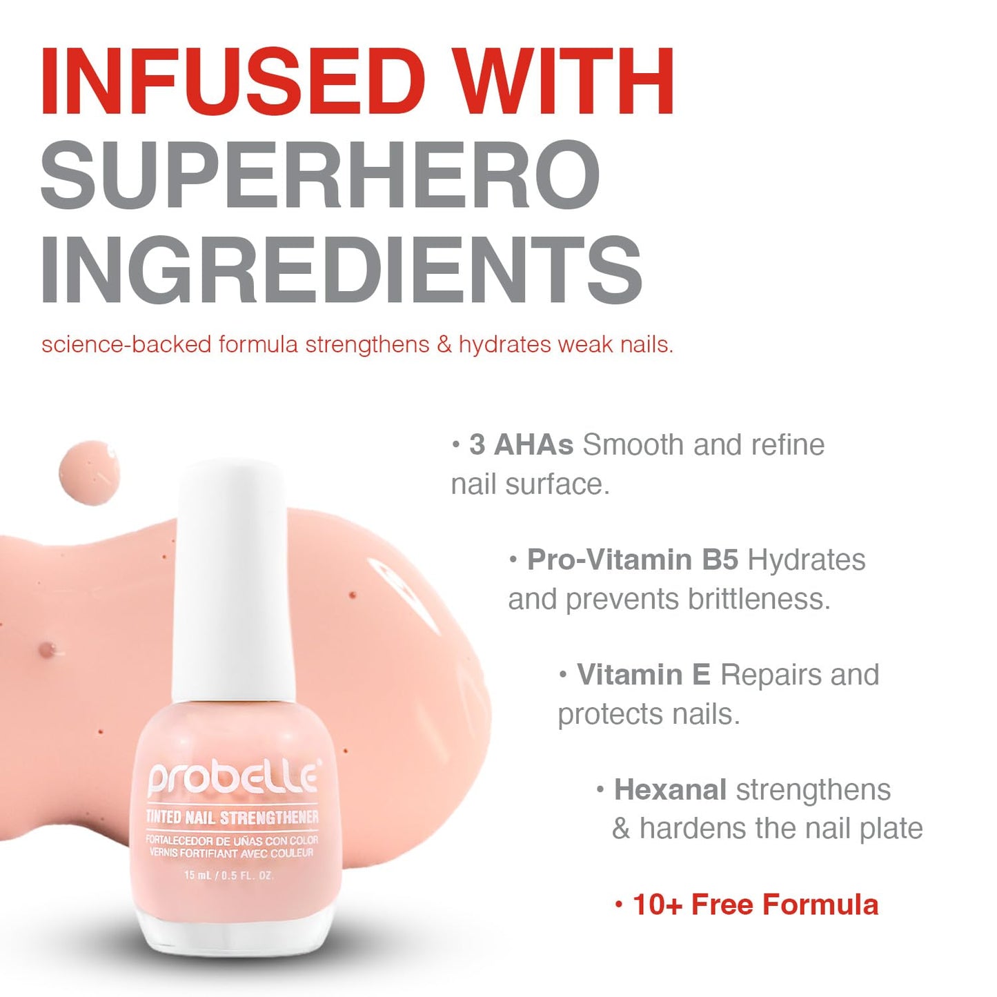 Probelle Tinted Nail Strengthener, Colored Nail Strengthening Treatment, Nail Growth and Repair, Stops Peeling, Splits, Chips, Cracks,