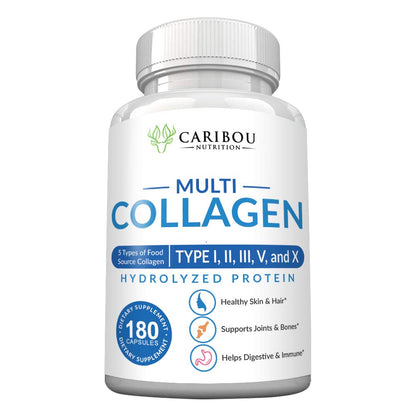 Multi Collagen Pills - 180 Collagen Pills - Type I, II, III, V & X Collagen Capsules - Unique Blend of Collagen Peptides Capsules - Wild Fish, Eggshell,