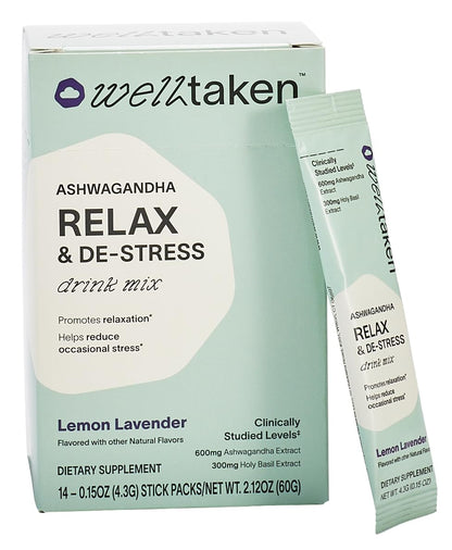 WellTaken Ashwagandha Relax & De-Stress Powder - Lemon Lavender 14ct Box - 600mg Ashwagandha, 200mg L-Theanine, Holy Basil – Supports Stress, Relaxation – Vegan, No Added Sugar - 14 Servings WellTakenBuy Supplements Australia