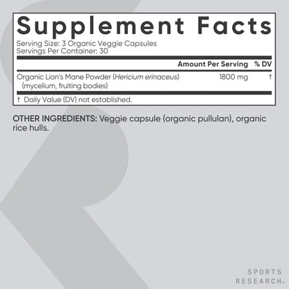 Sports Research® Organic Lion's Mane Mushroom Supplement 1800mg - Brain Health, Focus & Cognitive Supports - USDA Certified Organic · Non-GMO · Vegan - 90 Count Capsules Sports Research buy supplements Au