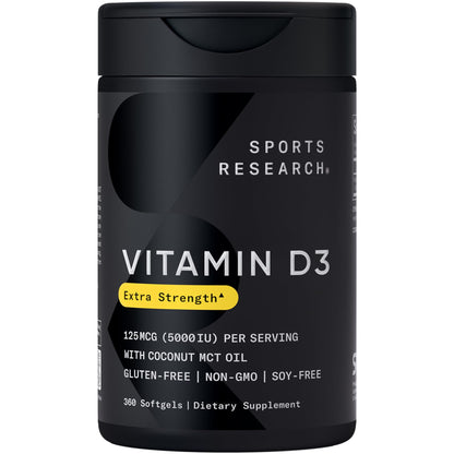 Sports Research Vitamin D3 5000 IU with Coconut MCT Oil - High Potency Vitamin D Supplement for Immune & Bone Support - Non-GMO Verified, Gluten & Soy Free – 125mcg, 360 Liquid Softgels Sports Research buy supplements Au
