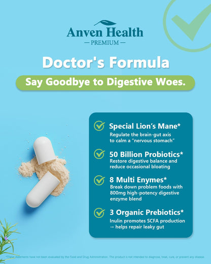 Anven Health 800mg Digestive Enzymes for Men and Women with Probiotics & Prebiotics, 8 Key Enzymes, Protease, Amylase & Lipase | 270 Capsules - A 90-Day Supply