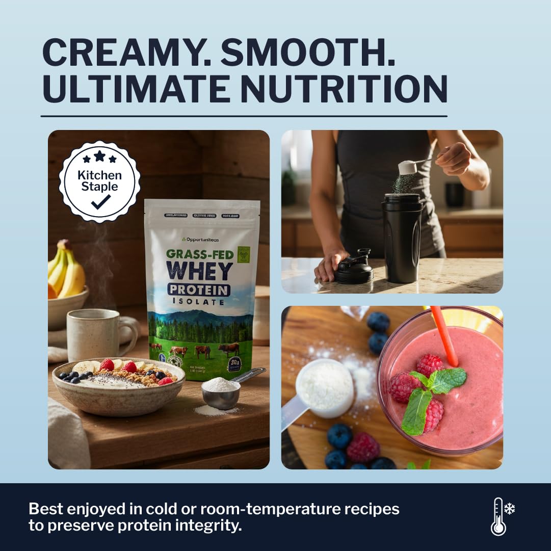 Opportuniteas Grass Fed Whey Isolate Protein Powder – Unflavored, Heavy-Metal Tested, 28g Protein, Sourced from Ireland, Hormone-Free, Non-GMO, Packaged in USA – 1lb