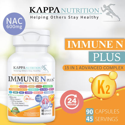 (60 Capsules), NAC 600mg, Quercetin 1,000mg, Vitamin C 500mg, Zinc 50mg, Vitamin D3 5,000iu, Selenium, Copper, Acerola, Ginger, Rutin, Citrus Bioflavonoids, Rose Hips, Echinacea, Immune N Plus 15 in 1 KAPPA NUTRITION buy supplements Au