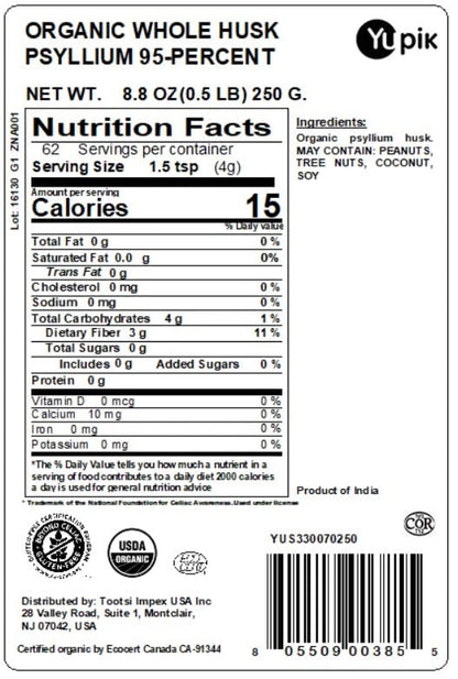Yupik Organic Whole Husk Psyllium 8.8 Oz, 95% Purity, Soluble Fiber, USDA Certified, Non-GMO, Kosher, Gluten-Free, Sugar-Free & Fat-Free, Unflavored