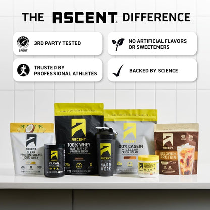 Ascent 100% Whey Protein Powder - Post Workout Whey Protein Isolate, Zero Artificial Flavors & Sweeteners, Gluten Free, 5.5g BCAA,