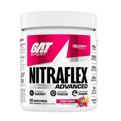 GAT SPORT Nitraflex Advanced Pre-Workout Powder, Increases Blood Flow, Boosts Strength and Energy, Improves Exercise Performance, Men & Women (Fruit Punch, 30 Servings)