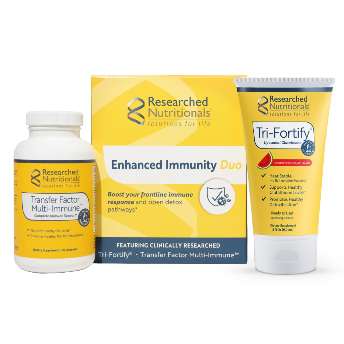 Three health products from Researched Nutritionals on a white background