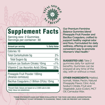 Vital Source Nutrition Vaginal Probiotic Gummies for Women - pH Balance and Immune Defense, Support Healthy Odor and Vaginal Flora - Vegan, Gluten-Free - Hawaiian Pineapple - 60 Gummies - 30 Servings Vital Source Nutrition buy supplements Au