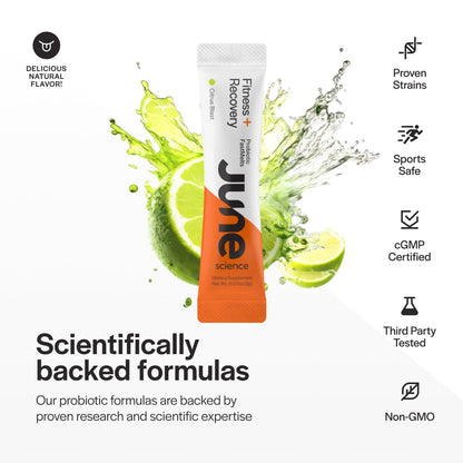 June Science Fitness + Recovery | Fast Melt Pre + Probiotic for Muscle Recovery + Training - Citrus Blast Flavor, 30 Powder Sachets