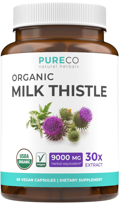 USDA Organic Milk Thistle Capsules - 80% Silymarin Supplement for Liver Support- Super Concentrated 300mg of 30:1 Milk Thistle Extract Equivalent to 9,000mg - Milk Thistle Liver Detox 60 Day Supply PURE CO buy supplements Au