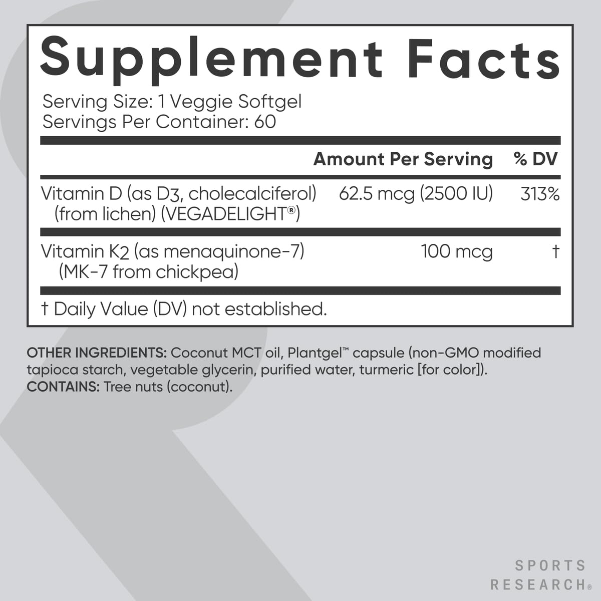 Sports Research® Vitamin D3 + K2 w/Coconut Oil - Vegan Vitamin D 2500iu (62.5mcg) & Mk7 Vitamin K 100mcg for Bone & Immune Support - Vegan Certified · Non-GMO · Soy Free - 60 Softgels Sports Research buy supplements Au