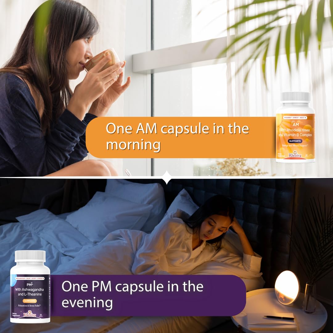 AM PM Multivitamin - Cortisol Supplements for Women and Men with L-Theanine, Ashwagandha - Rhodiola Rosea Supplement 200mg - Vitamin B Complex - Nootropics - Day and Night Vitamins for Women & Men RhozivaBuy Supplements Australia