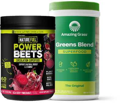 Two supplement containers, one labeled 'Power Beets' and the other 'Greens Blend', on a white background.