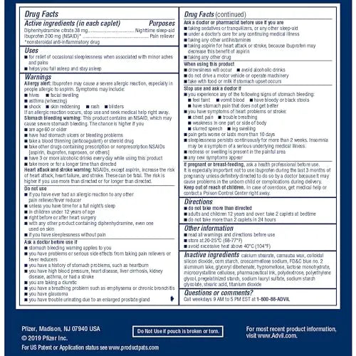 Advil PM Pain Reliever and Nighttime Sleep Aid, Pain Medicine with Ibuprofen for Pain Relief and Diphenhydramine Citrate for a Sleep Aid - 50x2 Coated Caplets AdvilBuy Supplements Australia