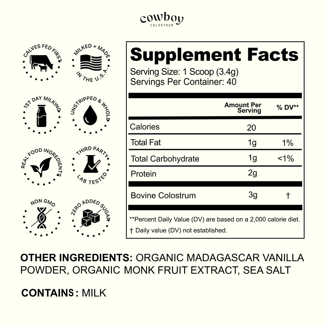 Cowboy - The Exclusive 1st Milking, Whole, Grass Fed Colostrum Supplement for Full Body Health - Bovine Colostrum Powder Packed w/Bioactive Nutrients - Sugar Free (Vanilla, 40 Servings) COWBOY COLOSTRUM buy supplements Au