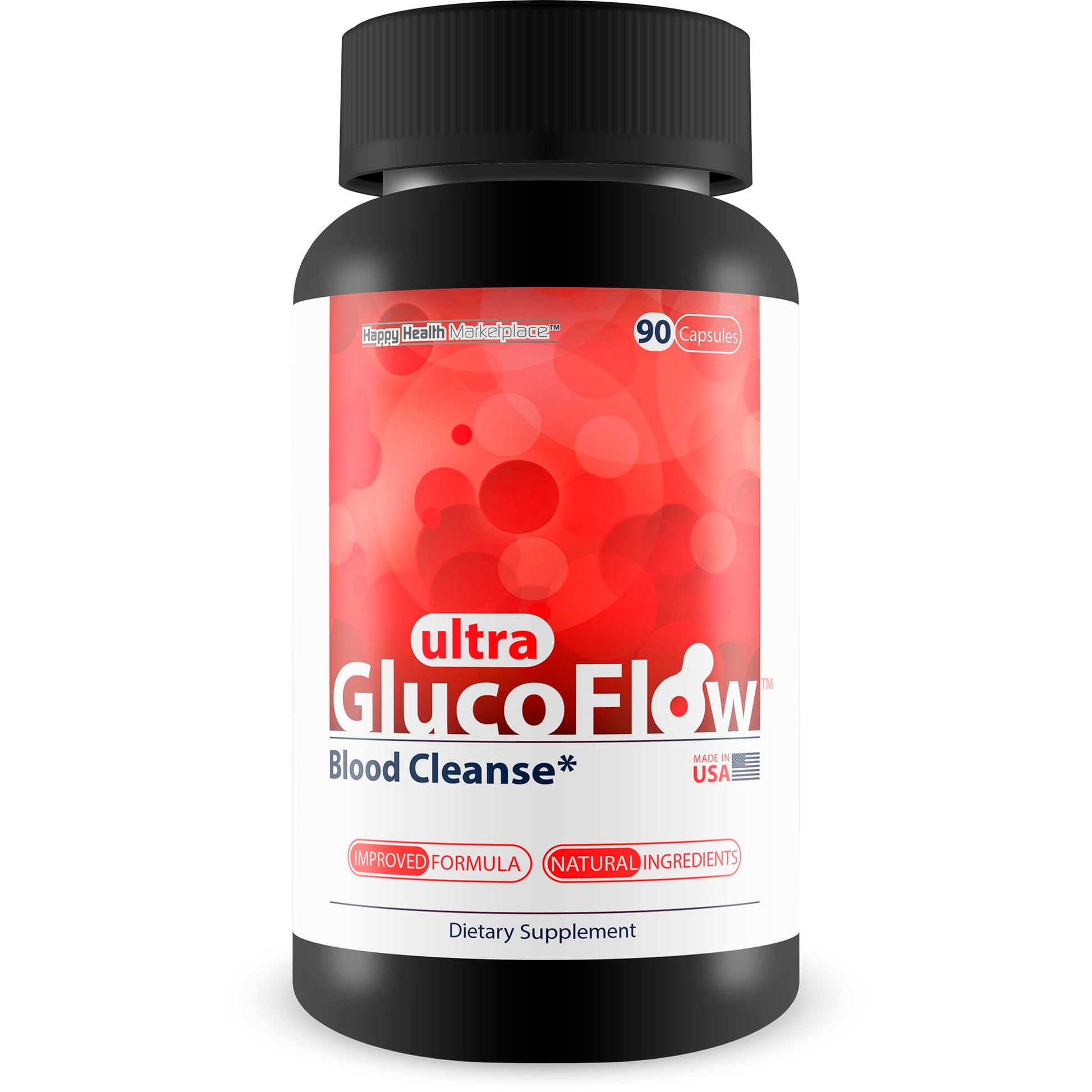 Supplement bottle labeled 'ultra GlucoFlow' on a white background