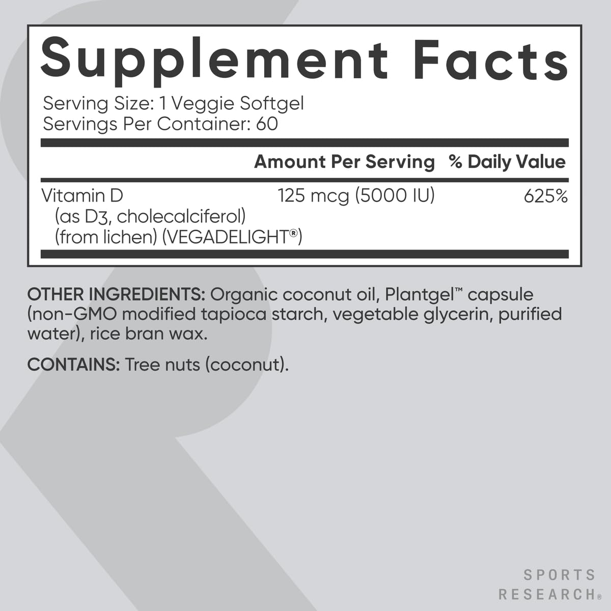 Sports Research Vegan Vitamin D3 5000IU (125 mcg) with Coconut Oil | 100% Plant-Based Vitamin D for Bone, Joint & Immune Support | Carrageenan Free, Vegan Certified & Non-GMO Verified (60 Softgels) Sports Research buy supplements Au