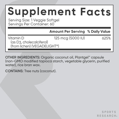 Sports Research Vegan Vitamin D3 5000IU (125 mcg) with Coconut Oil | 100% Plant-Based Vitamin D for Bone, Joint & Immune Support | Carrageenan Free, Vegan Certified & Non-GMO Verified (60 Softgels) Sports Research buy supplements Au