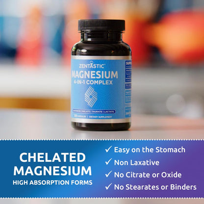 Zentastic Magnesium Complex 4-in-1 Supplement – Magnesium Glycinate, Malate, Taurate & Lactate – Chelated High Absorption for Nerves, Muscles, Bones & Immune Support – 120 Capsules Zentastic buy supplements Au