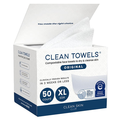 Clean Skin Club Clean Towels XL®, 100% USDA Biobased Face Towel, Disposable Face Towelette, Eczema Association Accepted, Makeup Remover Dry Wipes, Ultra Soft, 1 Pack, 50 Ct CLEAN SKIN CLUBBuy Supplements Australia