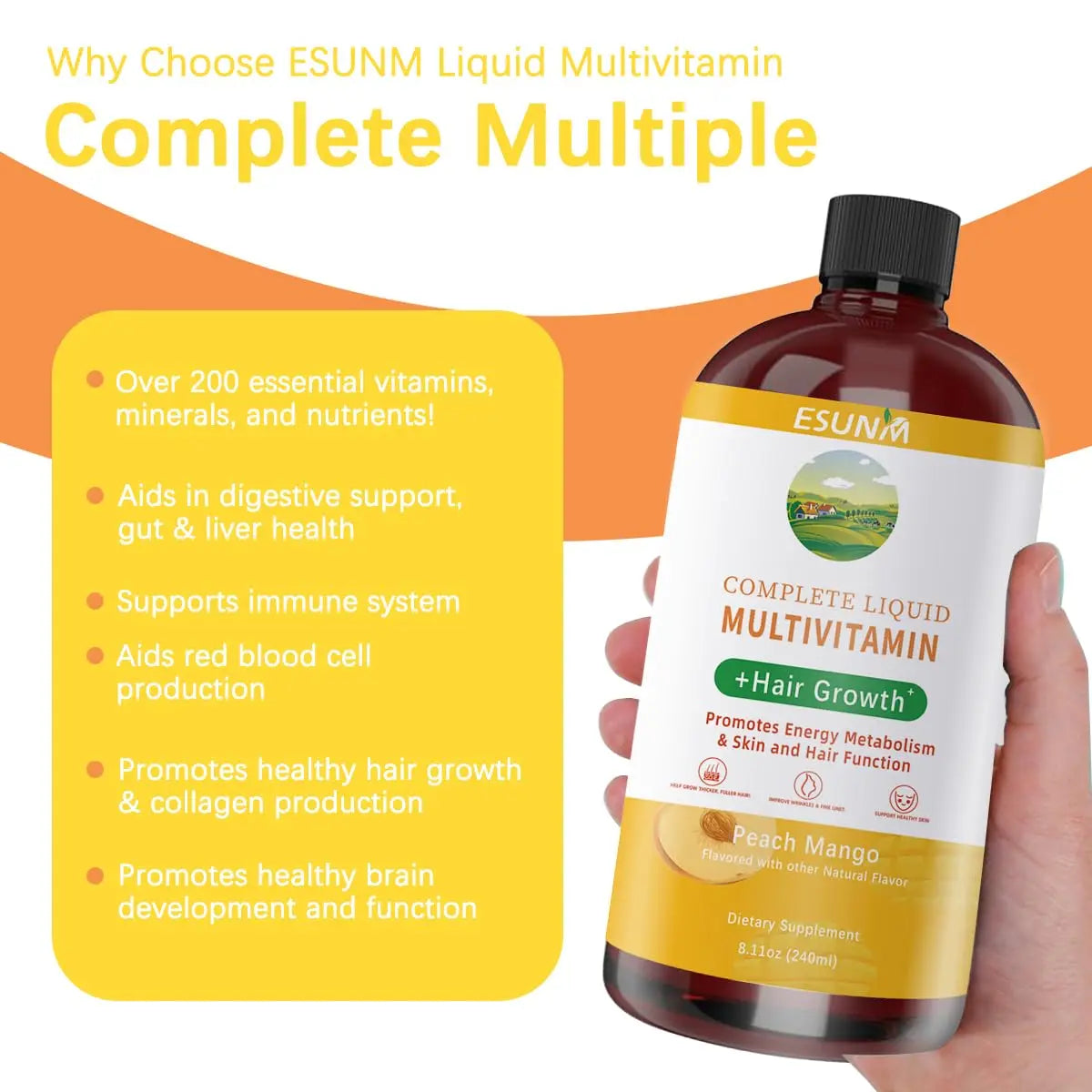ESUNM Complete Liquid Multivitamin + Hair Growth, Promotes Energy Metabolism& Skin and Hair Function| Vitamin C D | B Vitamins | ESUNM