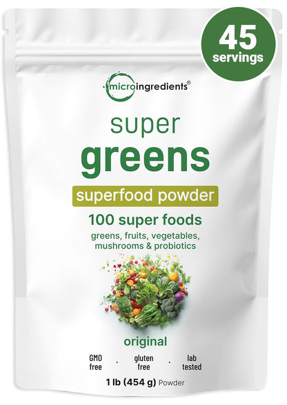 Micro Ingredients Super Greens Powder, 1lb | 100 Superfood Blend with Daily Greens, Probiotics, Fruits, Vegetables & Mushrooms | Source of Vegan Protein & Enzymes
