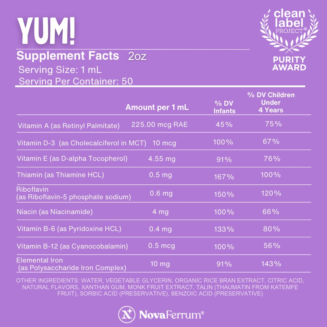 NovaFerrum Yum | Multivitamin with Iron for Infants, Toddlers & Kids Ages 4 & Under | Immune Support | Gluten Free Certified