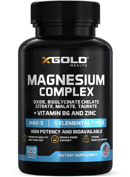 Supplement bottle labeled 'XGold Health Magnesium Complex' on a white background