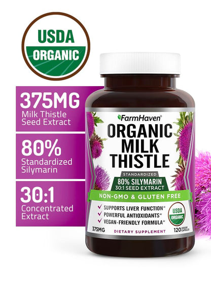 FarmHaven USDA Organic Milk Thistle Capsules | 30X Concentrated Seed Extract & 80% Silymarin Standardized - Supports Liver Function and Overall Health