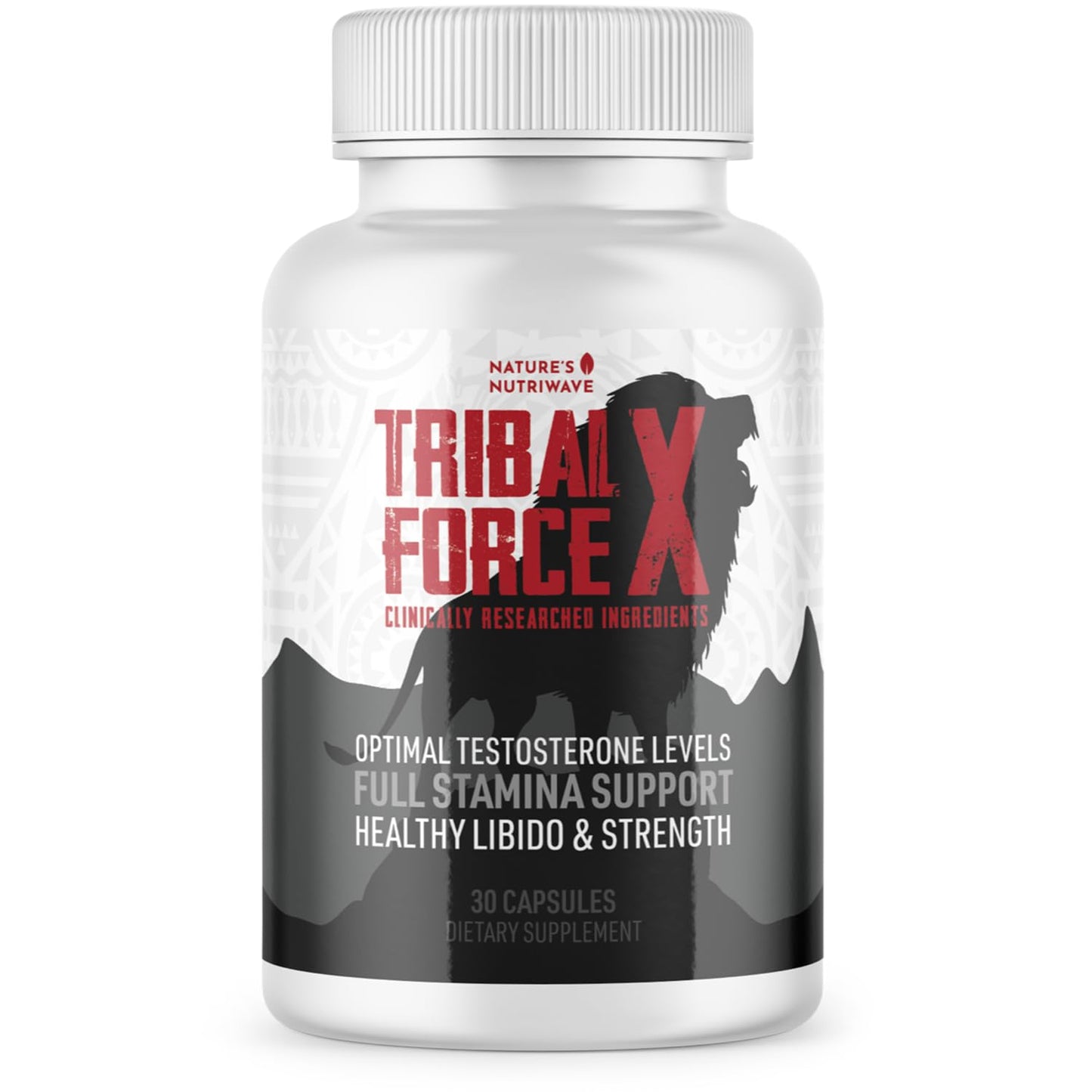Supplement bottle labeled 'Tribal Force X' on a white background