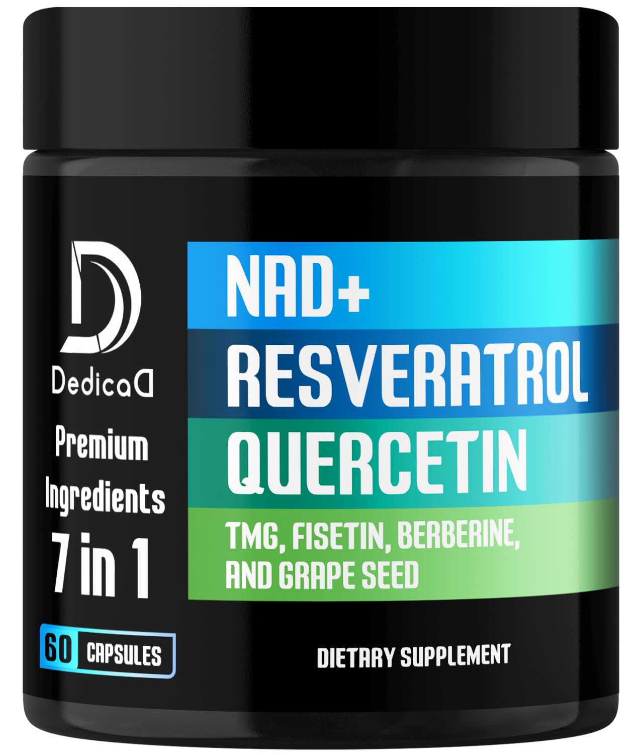 Supplement container with 'DedicaD' branding and ingredients listed on a black background