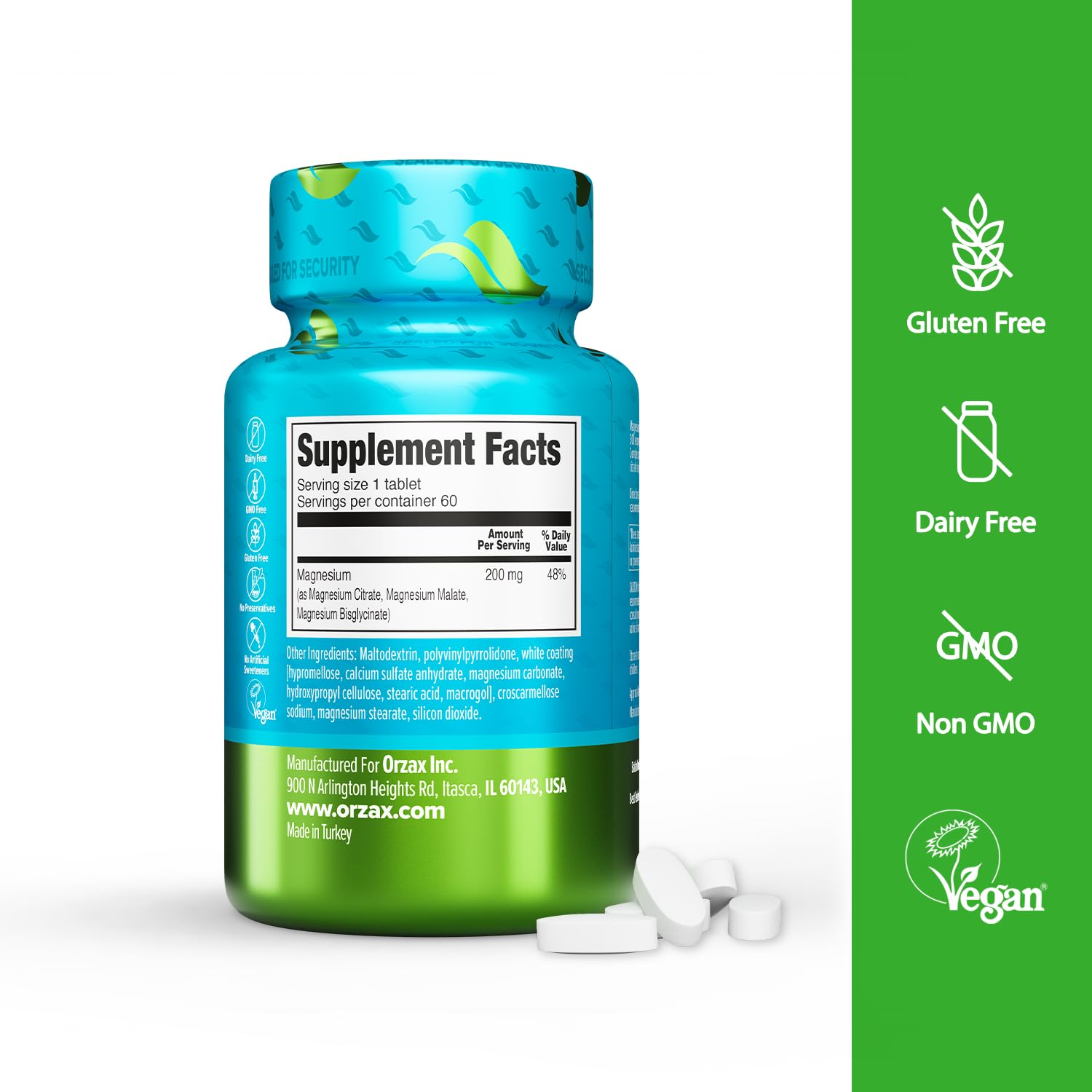 ORZAX Magnesium Triple Complex | Magnesium Glycinate, Citrate, Malate | Vegan, Gluten Free, Dairy Free, Halal | 200 mg of Triple Complex Magnesium for Muscles & Energy for Women and Men | 60 Tablets ORZAX buy supplements Au