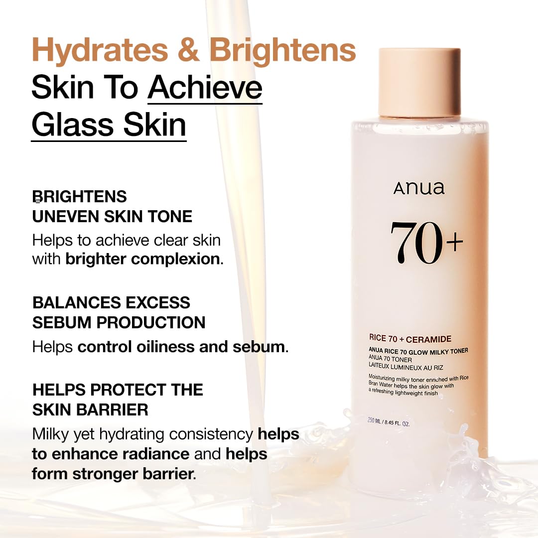 Anua Rice 70 Glow Milky Toner, Glass & Dewy Skin, Hydrating & Barrier Care, Rice Water