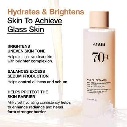 Anua Rice 70 Glow Milky Toner, Glass & Dewy Skin, Hydrating & Barrier Care, Rice Water