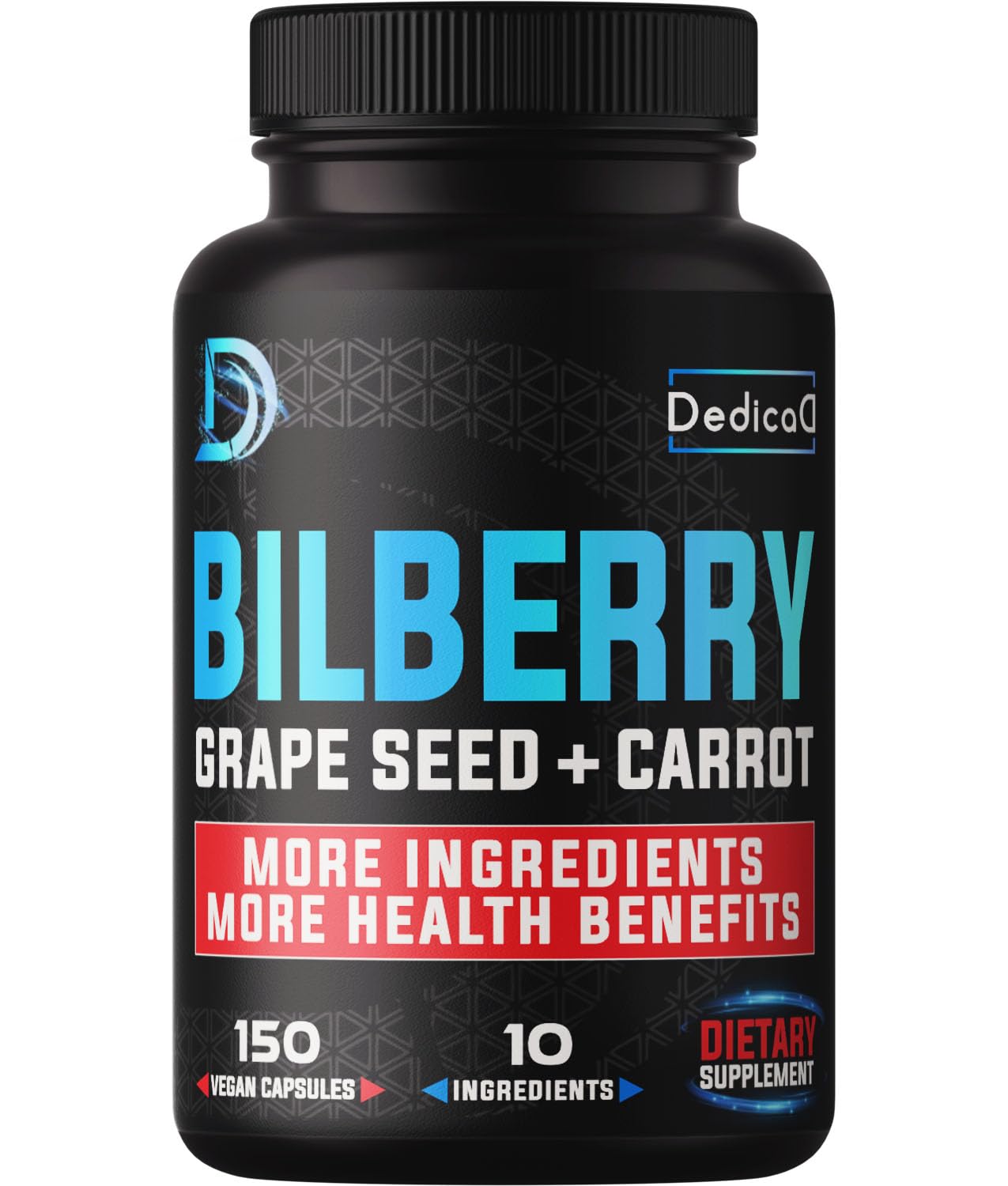 Black supplement bottle labeled 'Bilberry Grape Seed + Carrot' with Dedico branding on a white background.