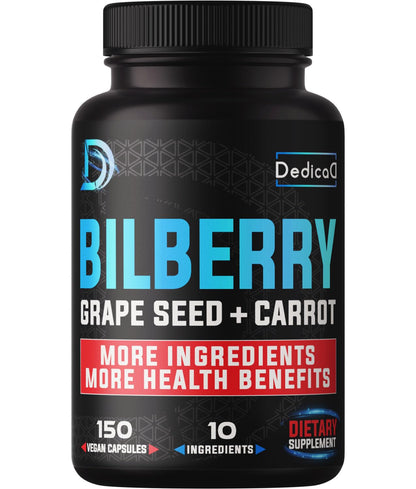 Black supplement bottle labeled 'Bilberry Grape Seed + Carrot' with Dedico branding on a white background.