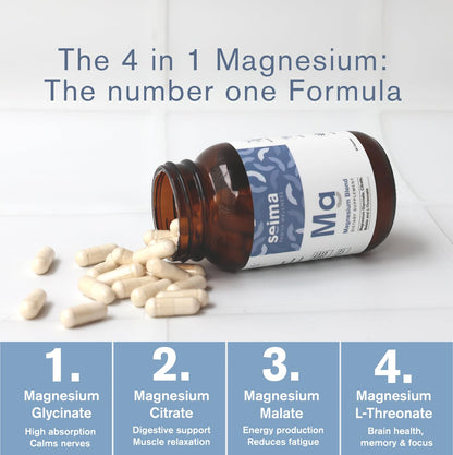 SEIMA - 4-in-1 Magnesium Complex – 1200 mg with Glycinate, Citrate, L-Threonate and Malate – Sleep, Stress Relief, Muscle Recovery, Energy and Well-Being for Women and Men, 90 Capsules Seima buy supplements Au